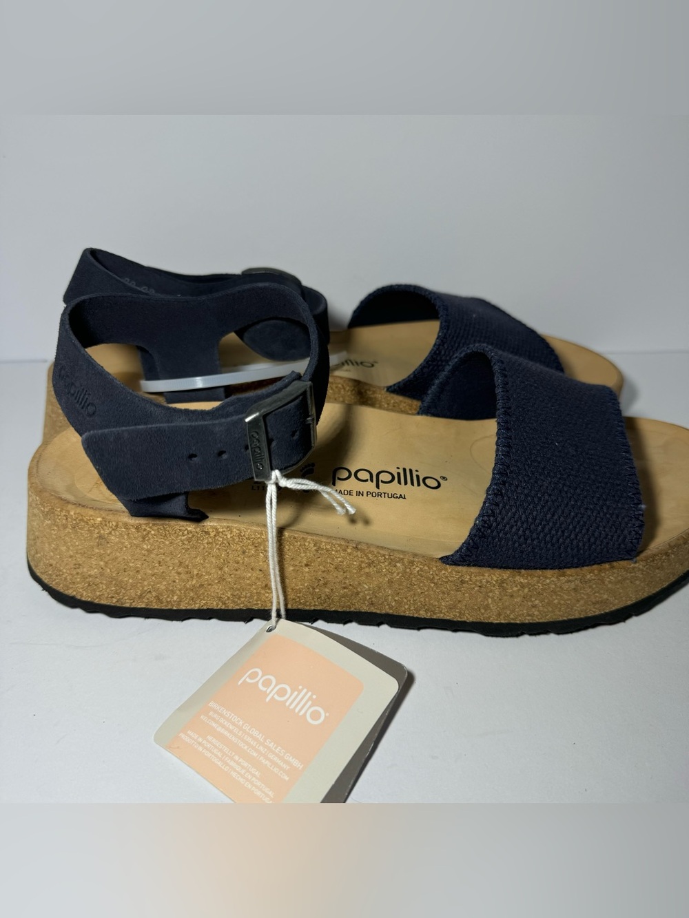 Papillio Navy Suede Canvas Cork Slide Sandals with Ankle Buckle nautical boho
